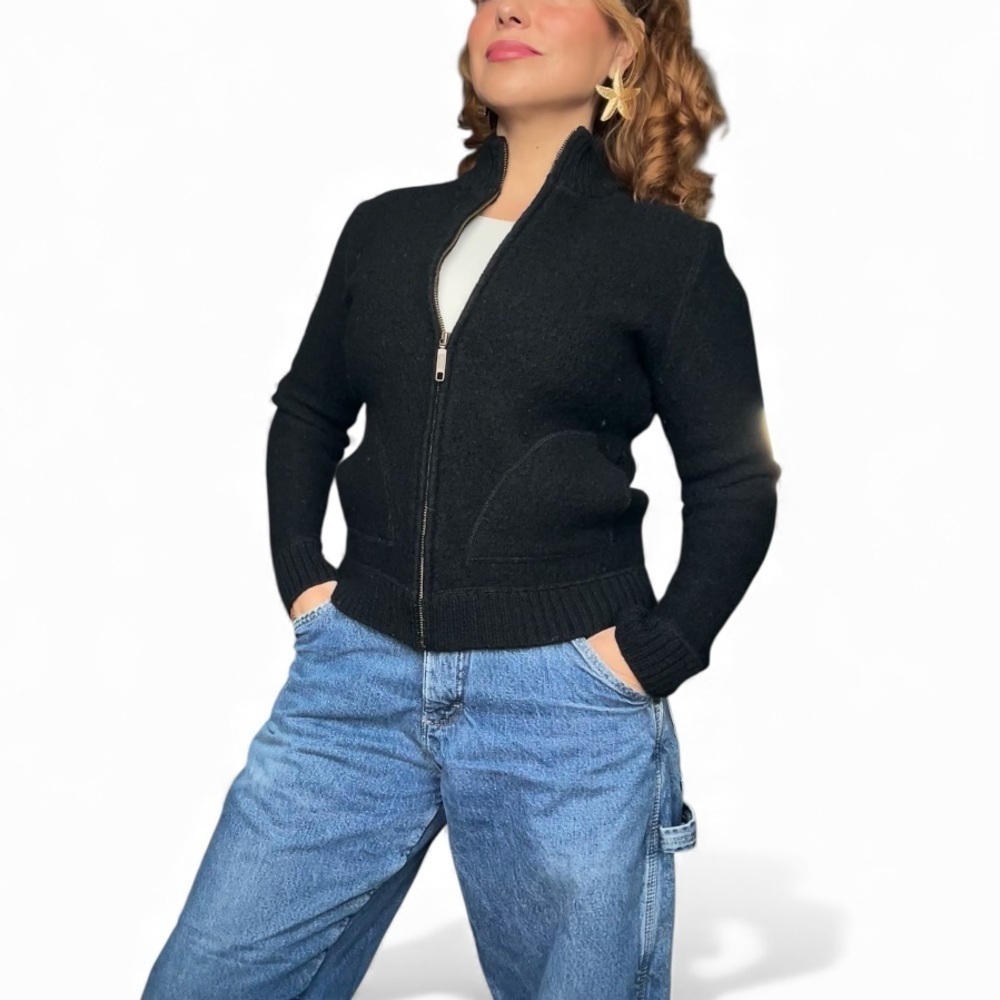 100% Wool Classic Black Bomber Jacket - Small